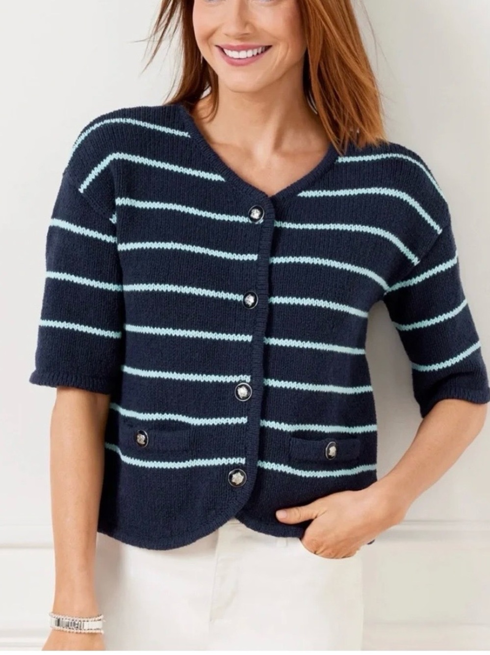 Talbots navy striped elbow sleeve sweater
Medium petite